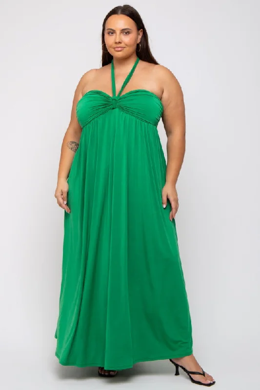 Green Front Knot Halter Plus Maxi Dress