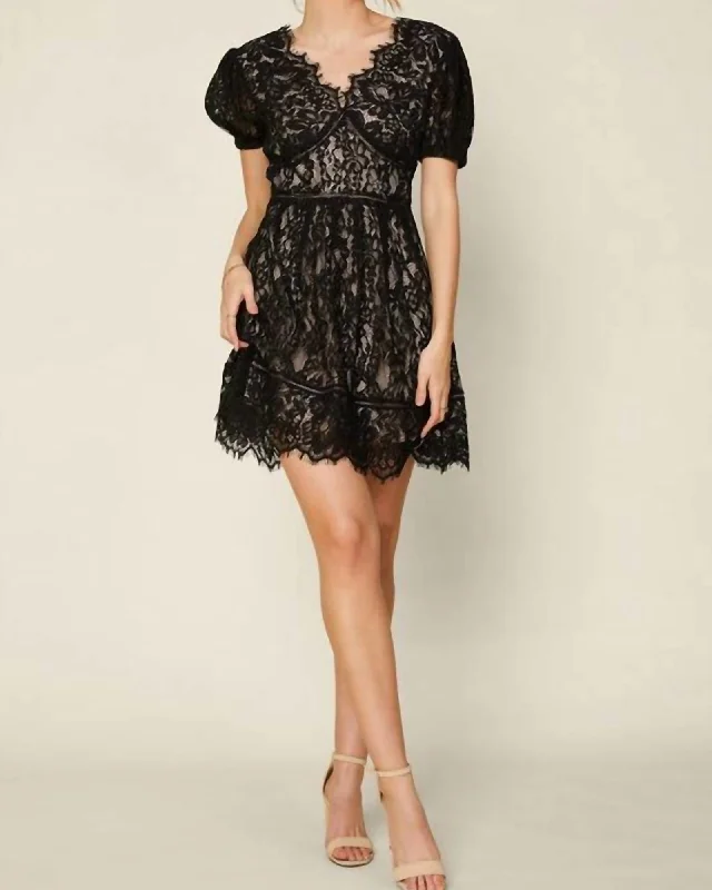 The Alva Short Sleeve Lace Trim Mini Dress In Black | Black