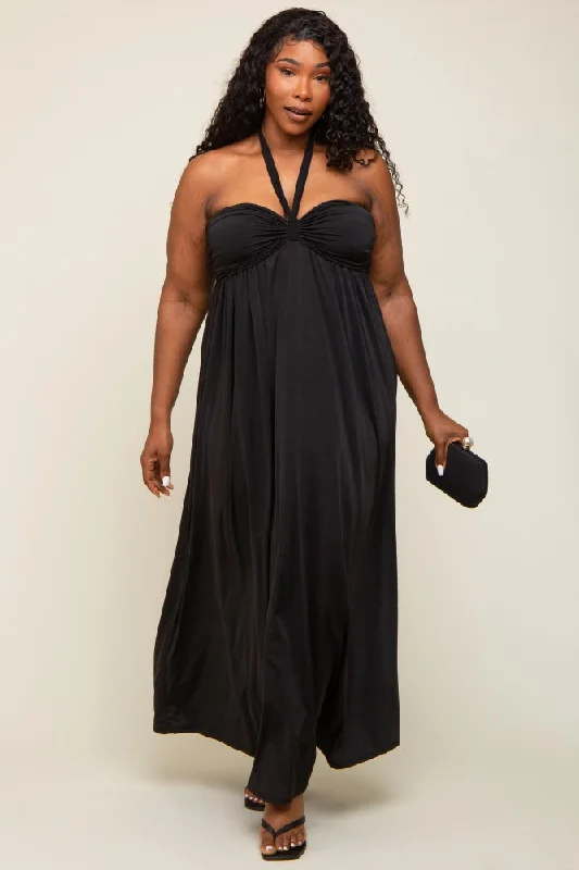 Black Front Knot Halter Plus Maxi Dress