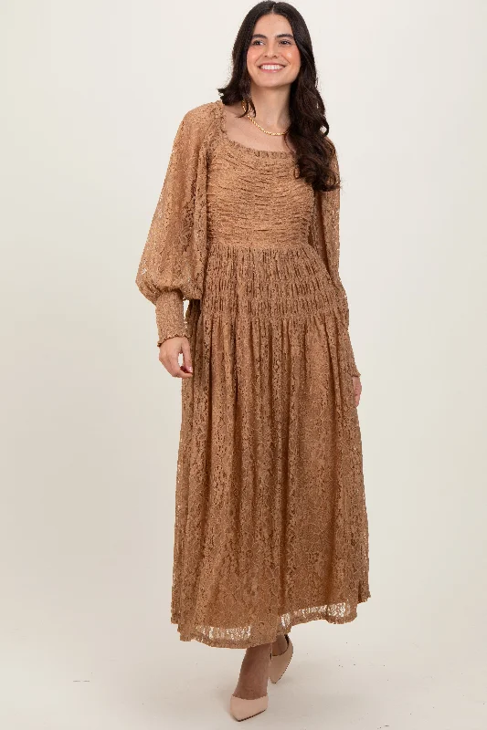 Camel Lace Smocked Bubble Sleeve Maxi Dress