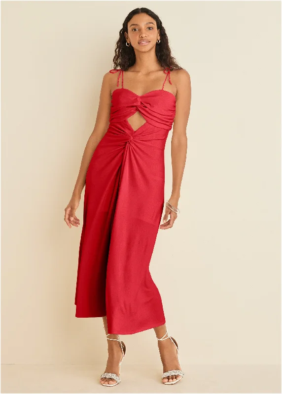 Ruched Cutout Maxi Dress - Red