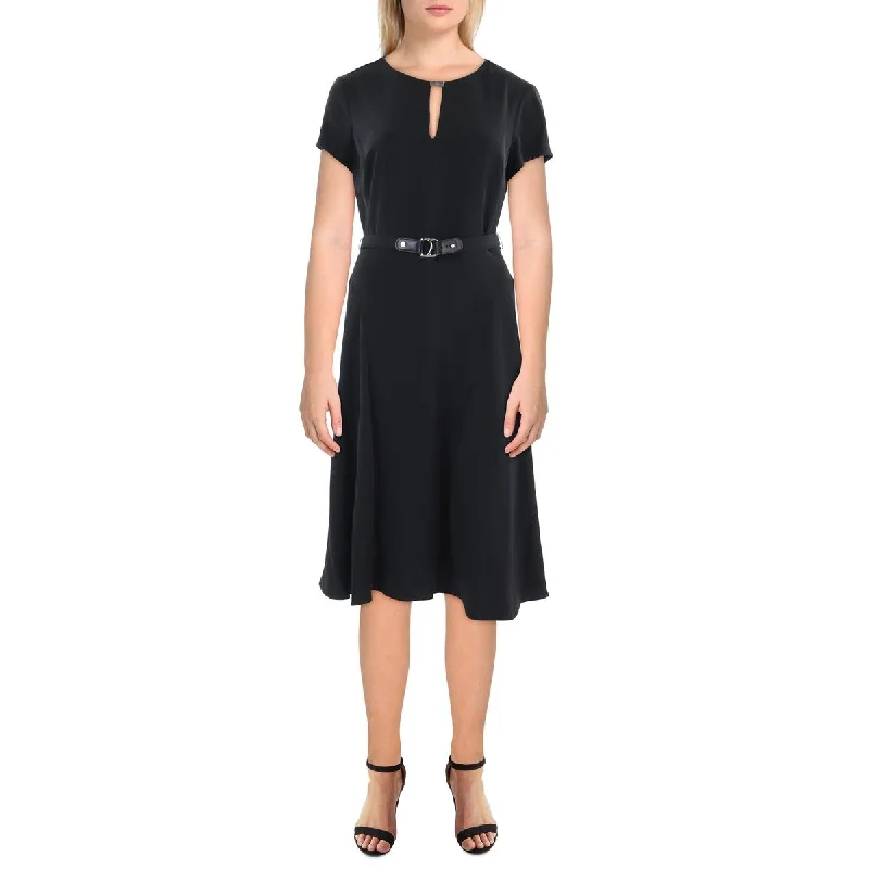 Womens Knee-Length Belted Fit & Flare Dress