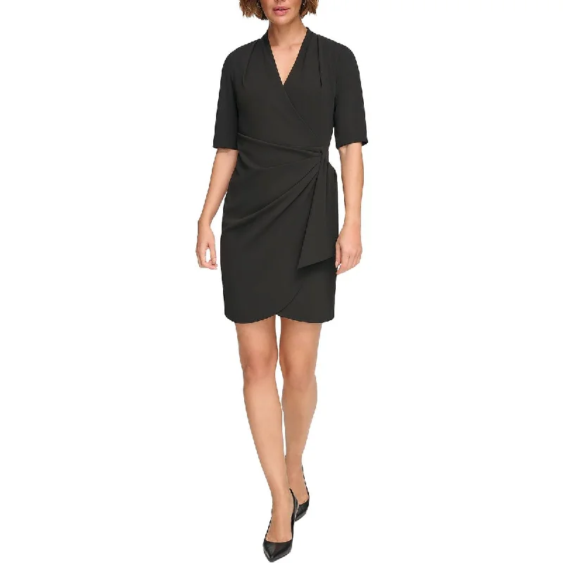 Petites Womens Faux Wrap Ruched Fit & Flare Dress