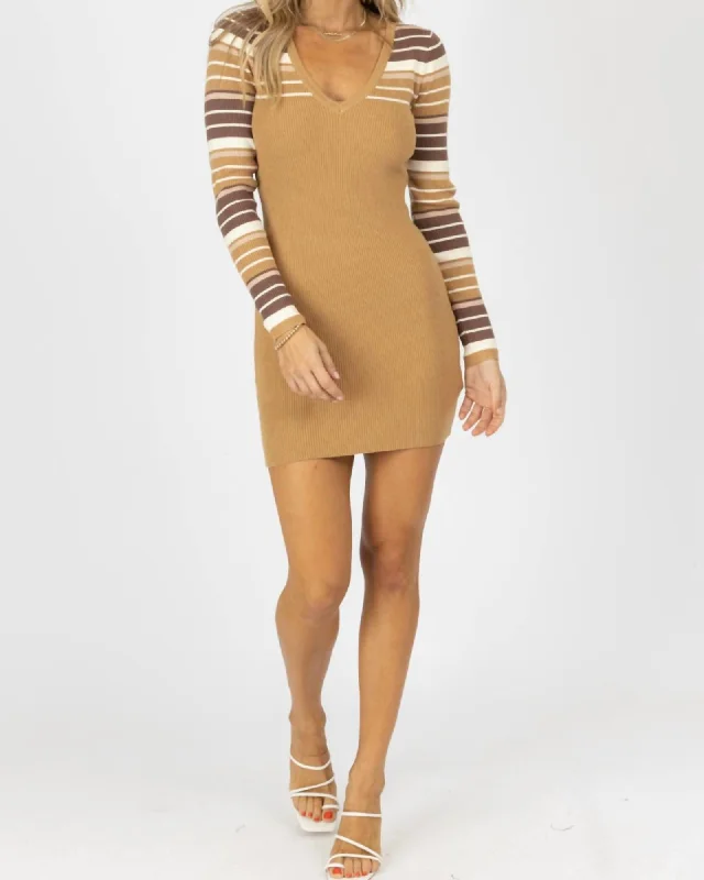 Striped Sleeve Sweater Mini Dress In Khaki | Khaki