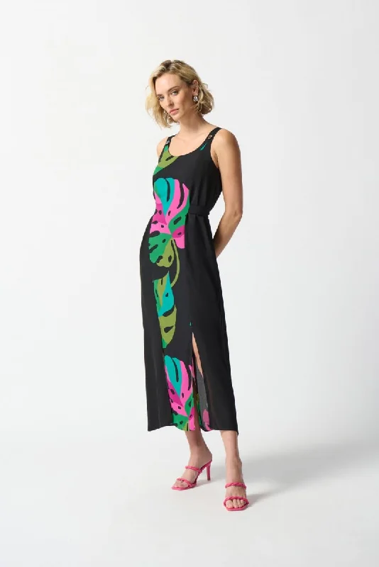 Joseph Ribkoff Black/Multi Tropical Print Sleeveless Front Slit Maxi Dress 242163