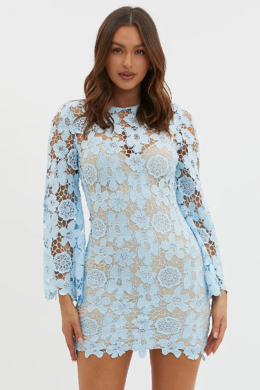 Reinhart Flared Sleeve Crochet Lace Dress Baby Blue