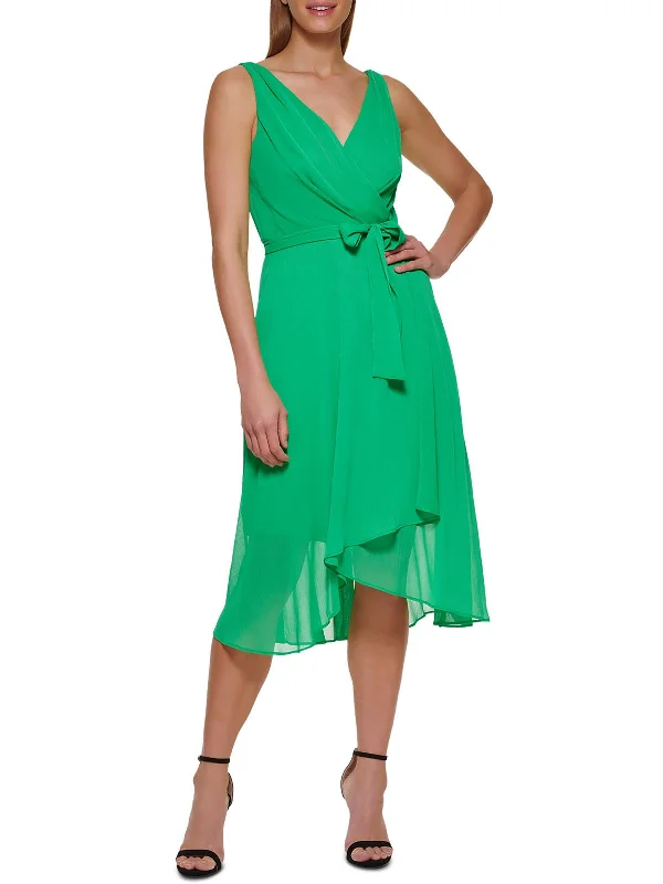 Womens Chiffon Faux-Wrap Fit & Flare Dress