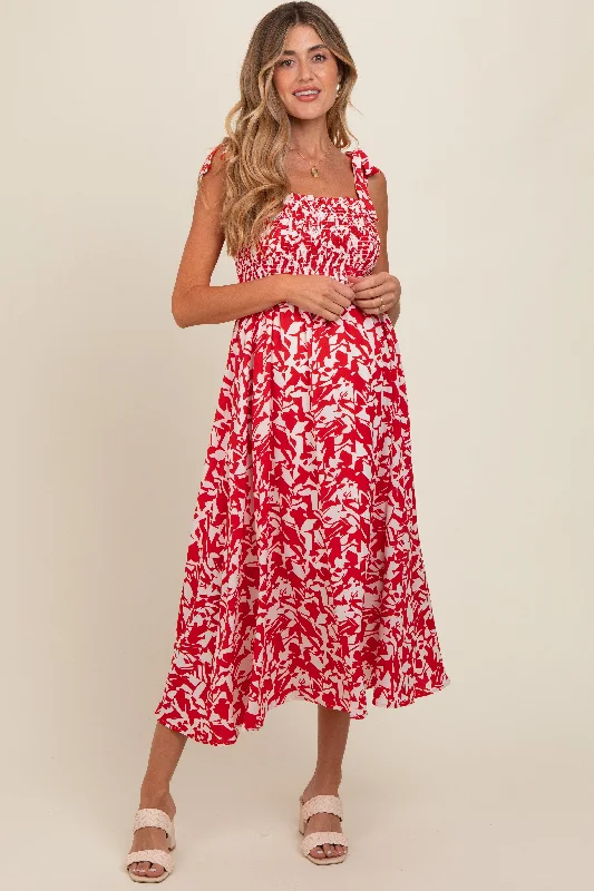 Red Printed Smocked Shoulder Tie Maternity Midi Dress