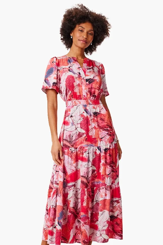 NIC+ZOE Pink/Multi Scribble Bouquet Daydream Tiered Maxi Dress S241907