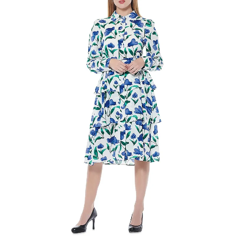 Womens Floral Print Tiered Shirtdress