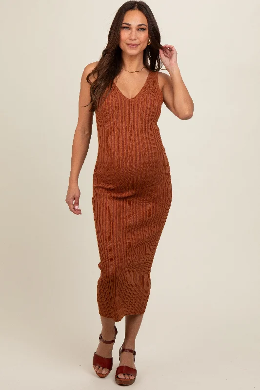 Rust V Neck Sleeveless Knit Maternity Midi Dress