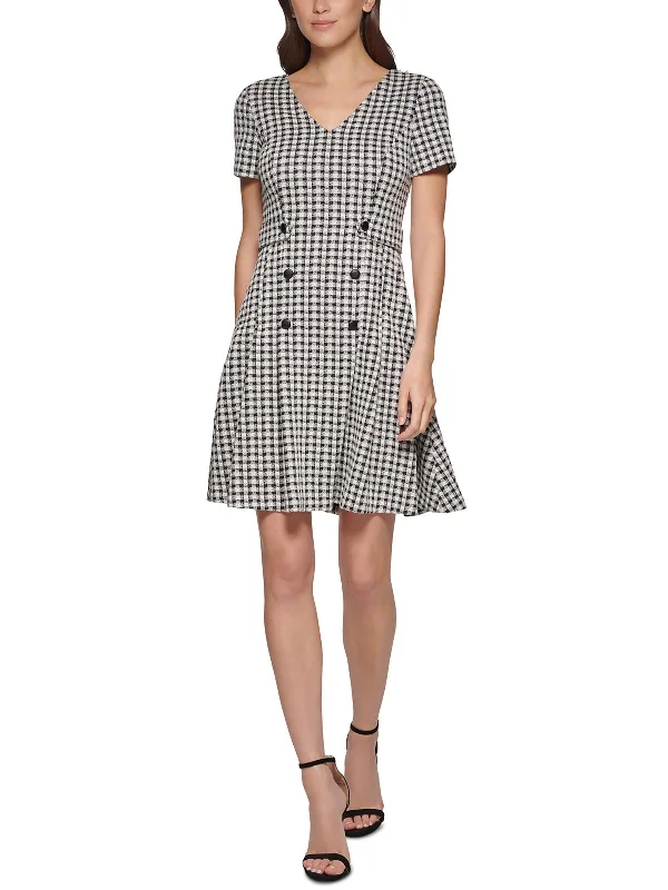 Petites Womens Checkered Gingham Fit & Flare Dress