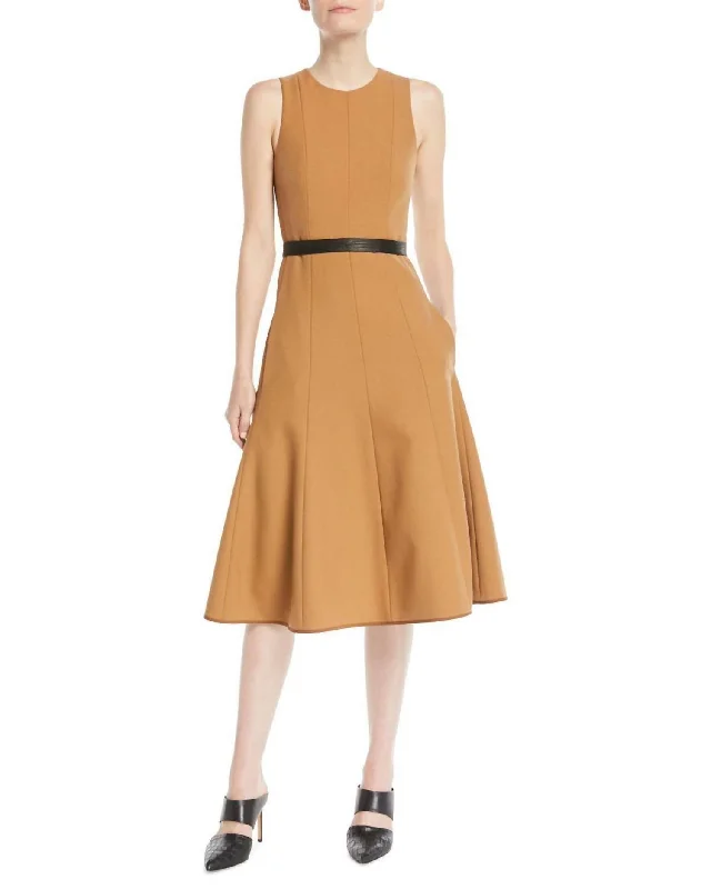 Twill Sleeveless Fit-And-Flare Midi Dress In Camel