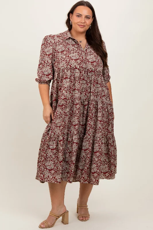 Burgundy Floral Collared Tiered Plus Maxi Dress