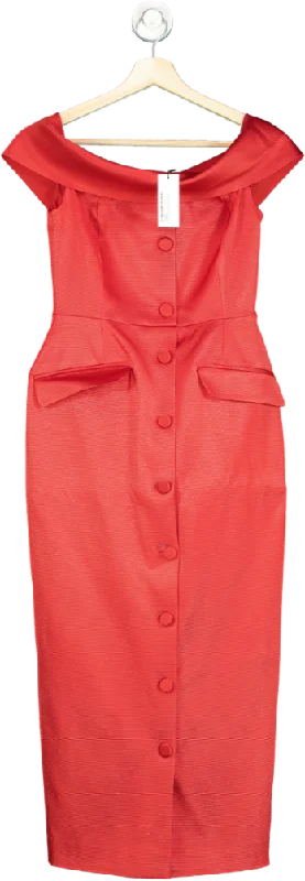 Karen Millen Red Italian Structured Rib Bardot Button Through Tailored Midi Dress UK 6