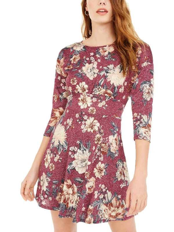 Womens Floral Metallic Fit & Flare Dress