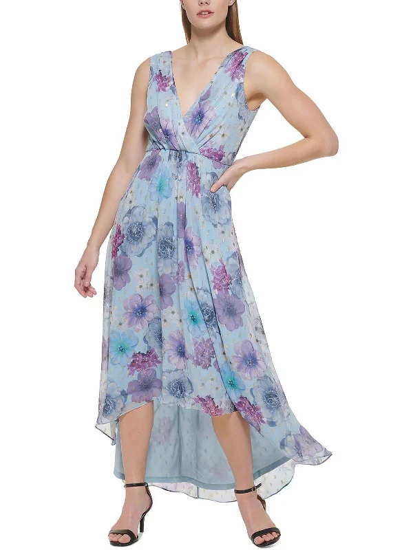 Petites Womens Floral Maxi Fit & Flare Dress