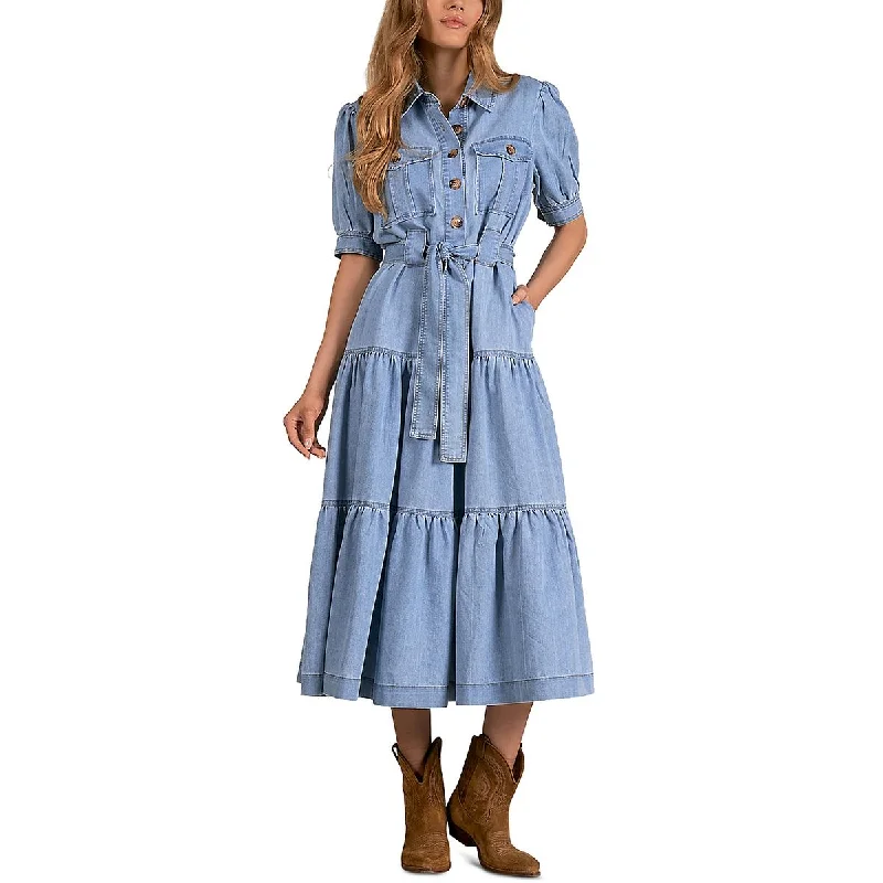 Womens Tiered Puff Sleeve Shirtdress