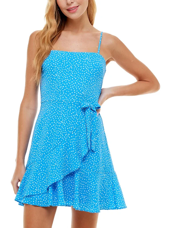 Juniors Womens Crepe Polka Dot Fit & Flare Dress