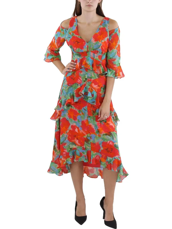 Womens Floral Print Midi Fit & Flare Dress