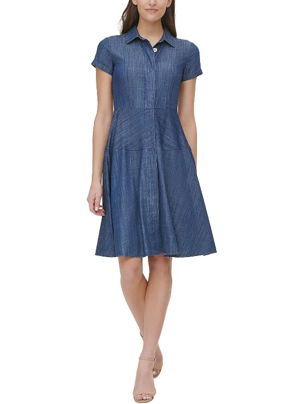 Petites Womens Chambray Short Sleeve Shirtdress