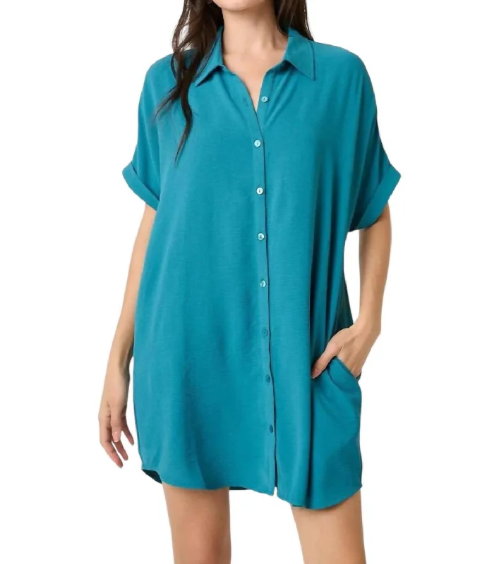 Tracy Short Sleeve Shirt Dress In Peacock Blue