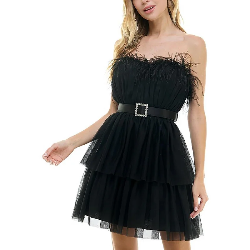 Juniors Womens Smocked Feathered Fit & Flare Dress