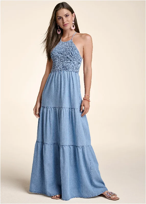 Smocked Chambray Maxi Dress - Light Wash