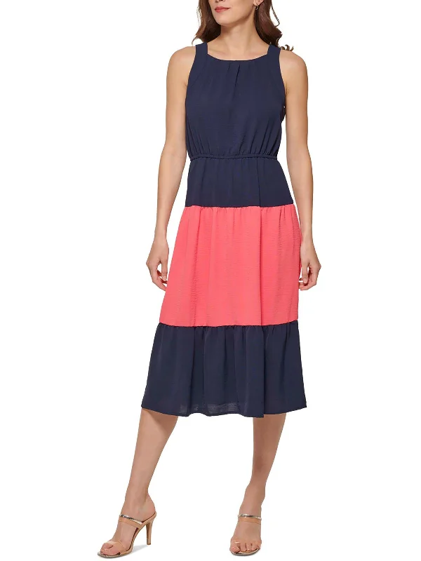 Womens Colorblock Midi Fit & Flare Dress