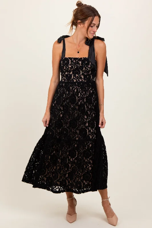 Black Velvet Lace Shoulder Bow Maxi Dress