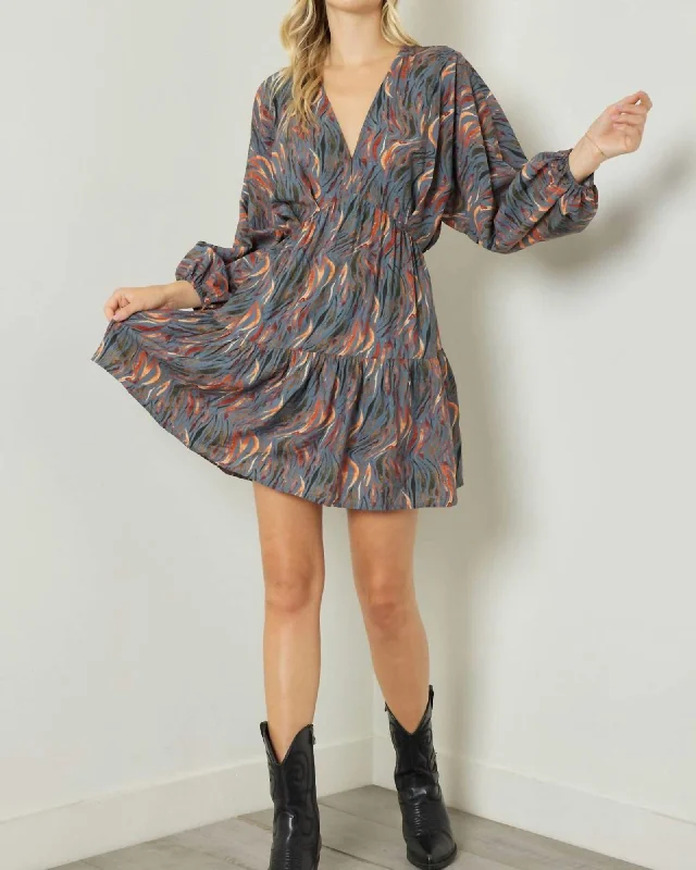 Long Sleeve Mini Dress In Charcoal Flame Print | Charcoal Flame Print