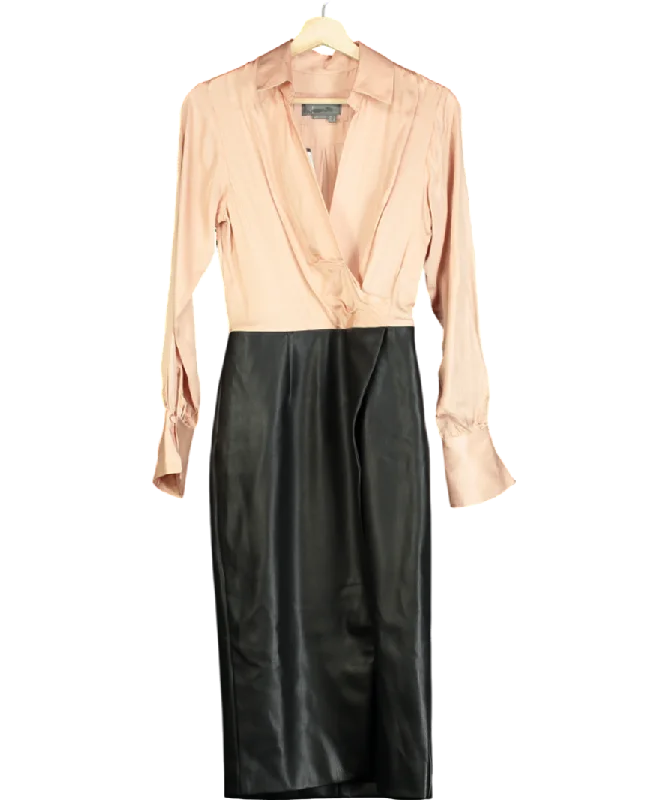 Anthropologie Nude Long-sleeve V-neck Faux Leather Satin Midi Dress UK 6