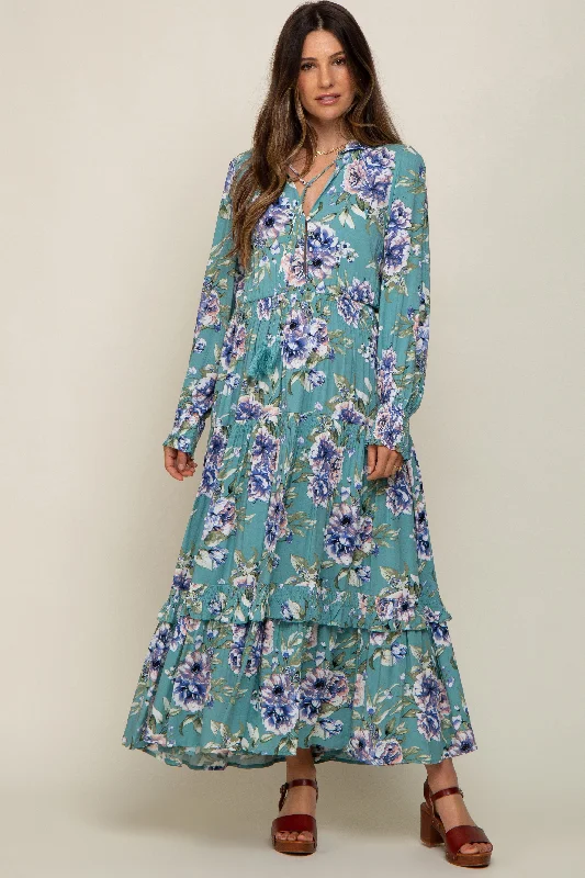 Jade Floral Smocked Ruffle Neck Maternity Maxi Dress