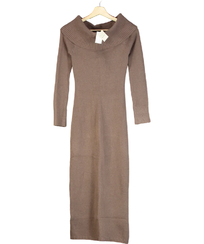 Hollister Slouchy Off Shoulder Long Sleeve Midi Dress In Brown UK XS