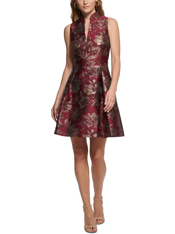 Womens Metallic Floral Fit & Flare Dress