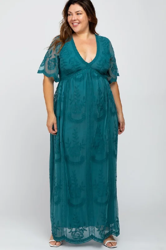 Teal Lace Mesh Overlay Plus Maxi Dress