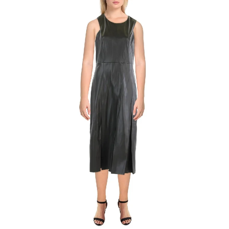 Womens Midi Faux Leather Fit & Flare Dress