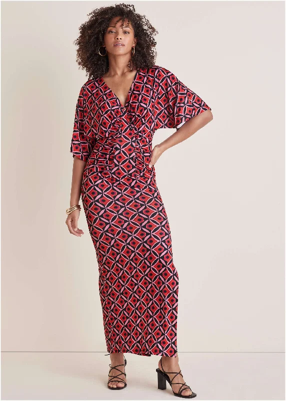 Drape Sleeve Maxi Dress - Red Lagoon Geo