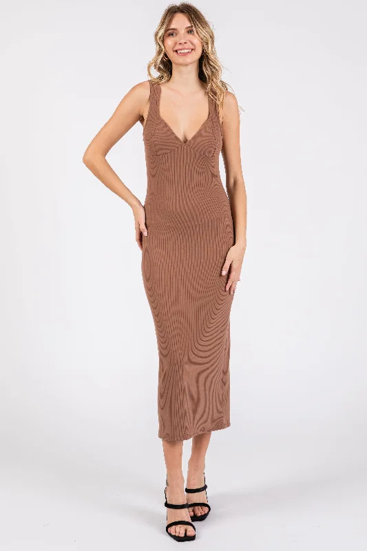 Mocha Ribbed Sweetheart Neck Midi Dress