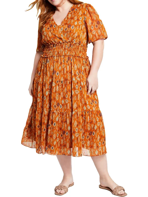 Plus Womens Printed Chiffon Fit & Flare Dress