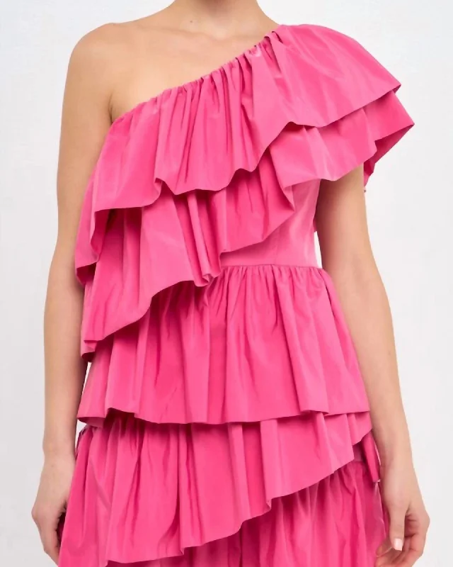 Ruffled Shoulder Mini Dress in Pink | Pink