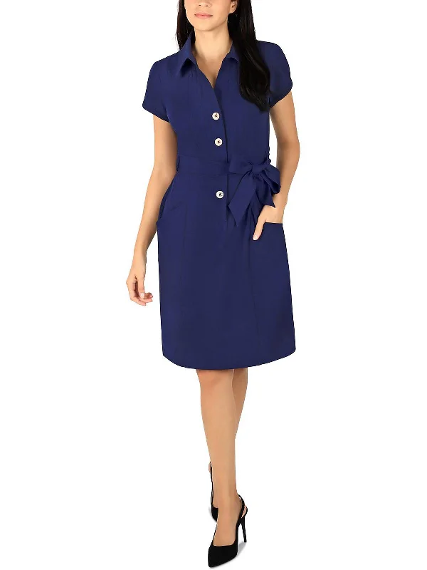 Petites Womens Tie Waist Button Down Shirtdress