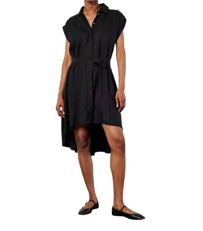 High Low Shirt Dress With Shoulder Plackets In Black