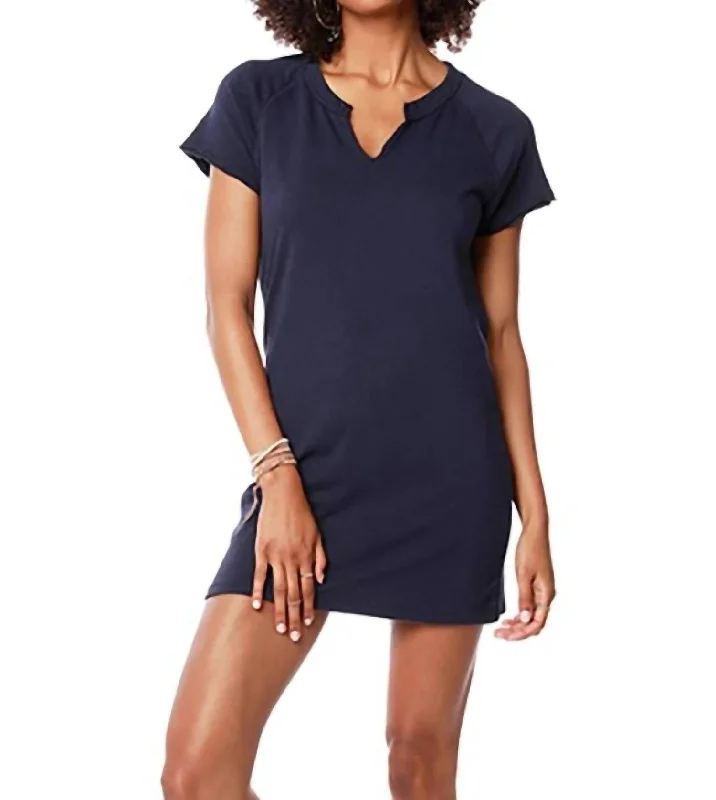 Split Neck Raglan Tee Shirt Dress in Dark Navy