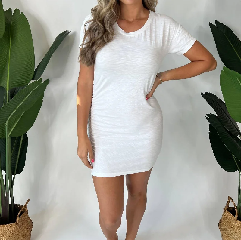 Shirred Tee Shirt Dress In White