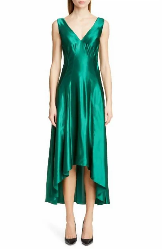 Satin High Low Fit Flare Cocktail Dress In Green