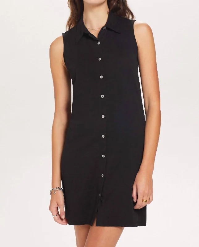 Sleeveless Two Fabric Shirt Dress in Black