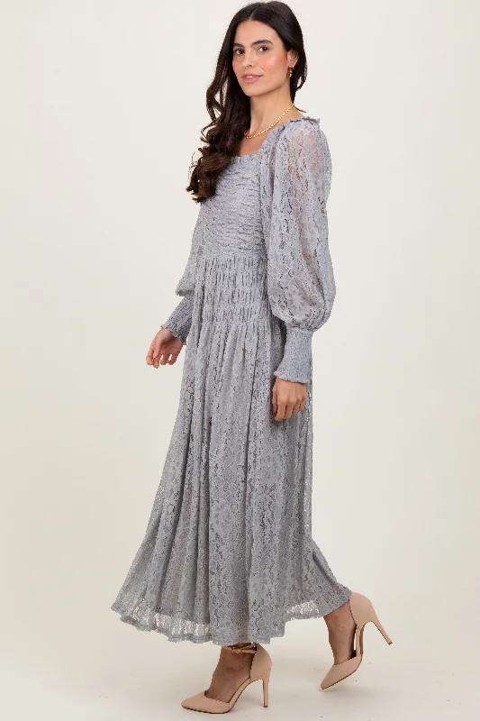 Heather Grey Lace Smocked Bubble Sleeve Maxi Dress