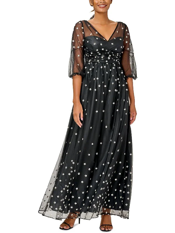 Womens Glitter Mesh Overlay Fit & Flare Dress