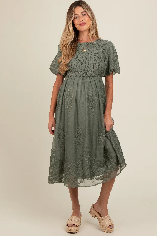 Olive Floral Lace Smocked Maternity Midi Dress